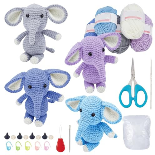 FREEBLOSS 5 Set Häkelset Häkelelefant, Häkeltiere Set Für Anfänger Mit Video Tutorials, Häkel Starter Set, Häkelgarn Und Haken Set Für Anfänger, Strickset als Geschenk