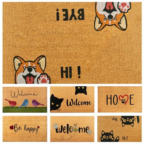 Fußmatte Kokosfaser Hi-Bye Hund - 70x40cm - Willkommens Fussmatte mit Antirutsch PVC & Kokos Oberfläche - für Hauseingänge, Flure, Außentüren, Wohnaccessoires - Schlichtes Originaldesign