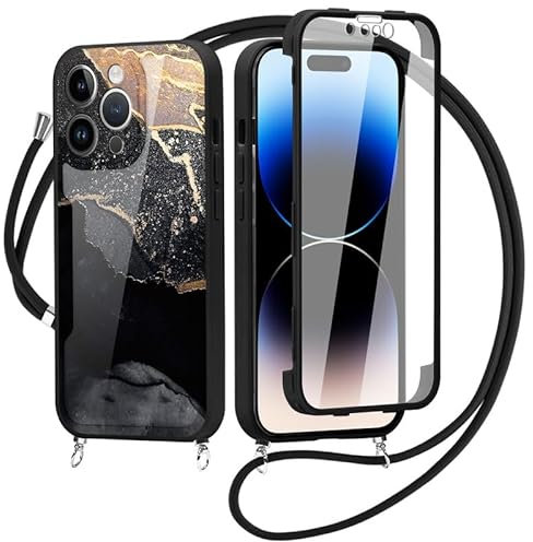 Foonary 360 Grad Handykette Handyhülle für Apple iPhone 14 Pro 6,1 Hülle mit Band Kette mit Kordel Schnur zum Umhängen,Silikon Case Marble 2 Schutzhülle mit Eingebautem Displayschutz für iPhone 14Pro