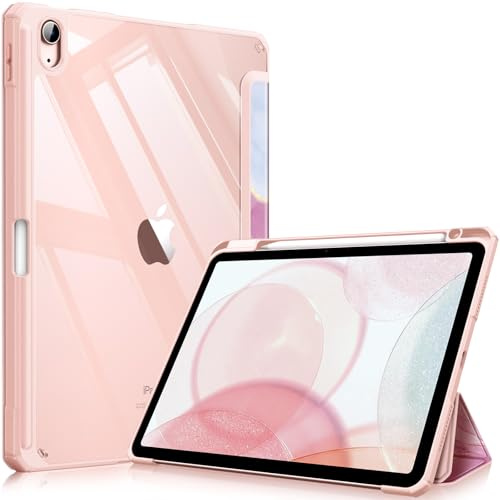Fintie Hybrid Hülle für iPad Air 11 Zoll, iPad Air 5./4. Generation 10,9 | Schlankes stoßfestes Schutzhülle mit Stifthalter, Transparente Hartschale, Standfunktion für Tippen & Ansehen, Marmor Rosa