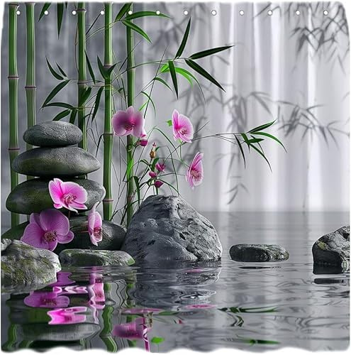 Rideau Douche Anti Moisissure Zen Rideau de Douche 180x200 cm Pierre de Bambou Orchidée Rideaux de Douche Tissu Imperméable Lavable pour Baignoire ou Salle de Bain A-3008