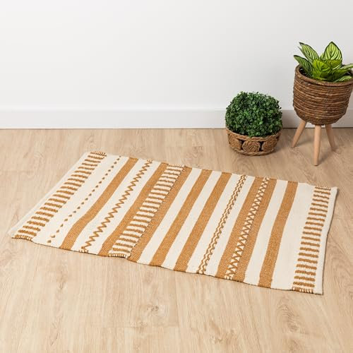 TRAMAS+ Alfombra Salon Exterior Interior Tapete Balcon Terraza Verano Dormitorio Cocina Algodón - Leito - Ocre (60x90 cm)