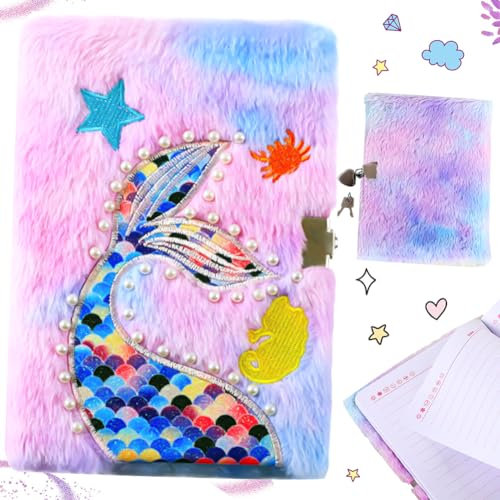 Mermaid Notizbuch mit Plüsch, A5 Pailletten Tagebuch Meerjungfrauen Journal für Schulbüro-Reisen Hardcover Notizbücher Schreiben und Zeichnen Funkelnde Stickerei Notizblock