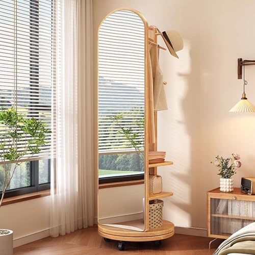 Miroir Intégral Rotatif À 360° avec Roues Pivotantes, Miroirs De Sol 2 en 1 et Porte-Manteau, Miroir Pleine Longueur en Bois Massif avec Porte-Manteau, pour Salon, Chambre À Coucher, Vestiaire