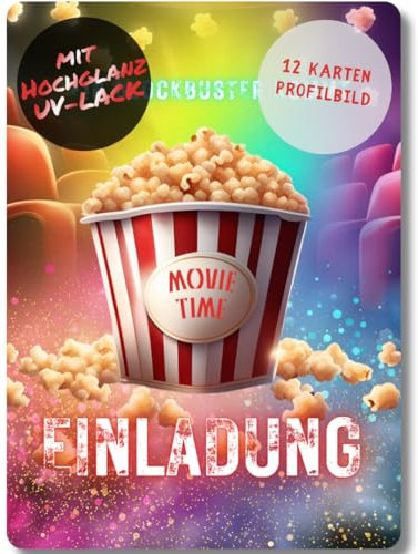 12x Einladungskarten mit Movie Popcorn Kino Motiv - Für den Kindergeburtstag von Jungen & Mädchen - Coole Einladungen für den perfekten Kino Filme Abend inkl. Messenger Bild & Urlaubsgutschein