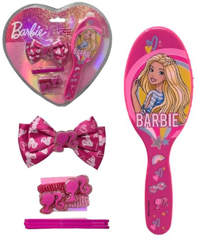 Accessori per capelli Barbie per bambine confezione a forma di cuore completa di 7 pezzi spazzola forcine elastici fermaglio
