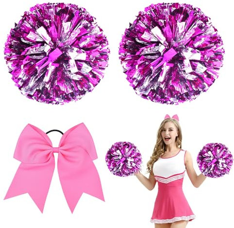 3 Stück Cheerleader Pompons, Cheerleader Pompons Rosa, Sport Pompons Cheers Ball Pompoms, 2 Pompoms + Haarband, Metallfolie Puschel Tanzpuschel für Tanzparty Sport Wettbewerb Team Geist