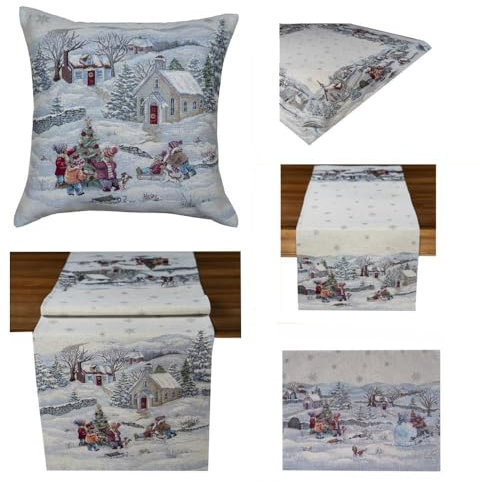 Tischdecke Mitteldecke Tischläufer Winter Weihnachten Gobelin hellblau Creme Winterlandschaft Baumwollmischung (100 x 100 cm)