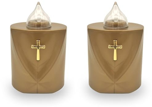 AROBA 2x LED Grabkerze Trauerlicht - Flackereffekt wie echte Kerze - lange Brenndauer bis 120 Tage - wiederverwendbar Friedhofskerze Gedenkkerze Dauerkerze - gold Heiliges Kreuz