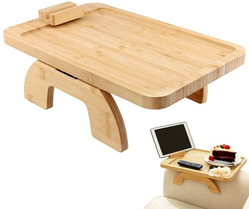 MAHIONG Armchair Tray, Foldable Armchair Table Tray with Rotating Mobile Holder, Wooden Sofa Armrest Side Table for Eating, Drinking, 38.8 x 24.8 x 2cm
