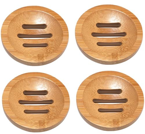 Pesoncarl Bamboo Soap Holder, 4PCS 3.2 Inch Natural Bamboo Soap Dish with Drainage Holes, Non Slip Shower Steamers Tray, Round Soap Dish for Shower, Counter, Sink, Bathroom