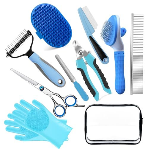Pet Grooming Kit - Dog Cat Deshedding Brush, Nail Clippers with File, Hair Remover Gloves & Bath Tools for Long/Short Haired Pets, Grooming Tool for Long and Short Haired Pets