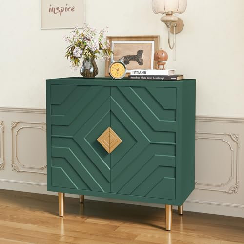 HOLTICO Wooden Sideboard with 2 Doors, 3D Embossed Pattern Accent Cabinet Modern Buffet Storage Cabinet, Green Sideboards for Living Room, Dining Room, Hallway