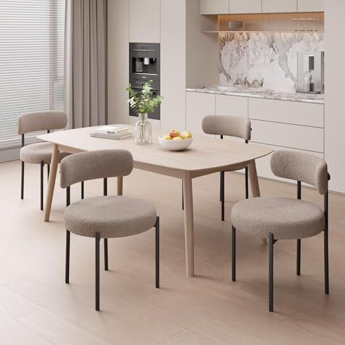 Hawthyhome Esszimmerstühle 4er Set丨Teddy Stoff Runde Boucle Stühle·Mid-Century gepolsterte Küchenstühle·Dining Chairs mit Metallbeinen·Grau