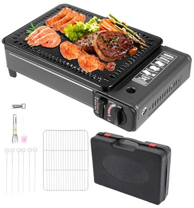 Levkitch Juego de barbacoa para camping, parrilla de gas para cartuchos y bombonas de gas, hornillo de camping con placa de parrilla, clip para parrilla, maletín (con red de barbacoa, placa y maletín)