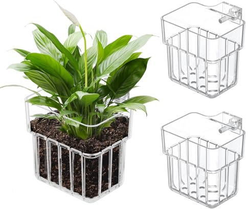 Pawfly 2 Pcs Clear Acrylic Aquarium Plant Holder for Fish Tanks, Top Hanging Fish Tank Plant Holder with Hook, Adjustable Aquarium Planter Cup, Fish Tank Plant Pot for Water Feature Decoration