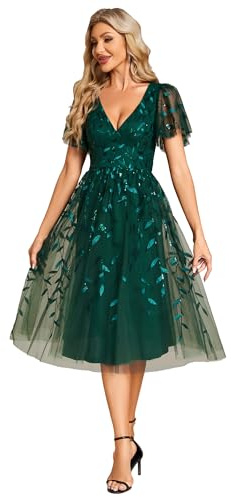 Ever-Pretty Women's Sequin Tulle Cocktail Dress with V-Neck Flutter Sleeve Fit & Flare Midi Dress for Formal Party 02230-CK1