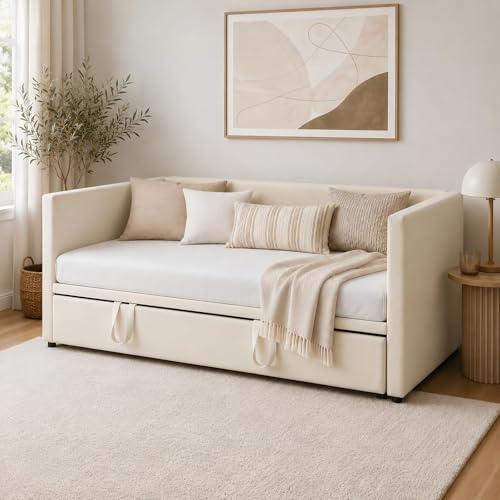 HFASD Tagesbett Ausziehbar 90/180x200 cm, Ausziehbett Gleiche Höhe mit Lattenrost, Gästebett Ausziehbar, Bett Ausziehbar zum Doppelbett, für Schlafzimmer, Wohnzimmer, Samt, ohne Matratze (Beige)