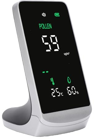 Fafeicy Détecteur de Pollen Portable 0-999ug/m³ Testeur de Température et d'humidité avec Alarme en Temps Réel pour les Personnes Allergiques en Voyage en Plein Air