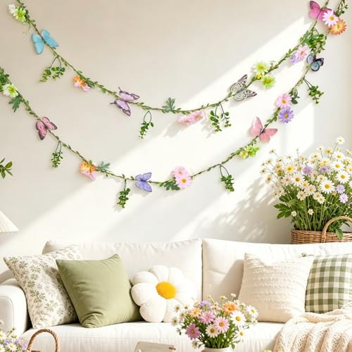 SUNBEAUTY 2 Stück Blumen Girlande Gänseblümchen Wildblume Deko | Wiederverwendbare Schmetterling Blumen Hanging Girlande für Babyzimmer Gartenparty Sommerdeko Kindergeburtstage Hochzeit