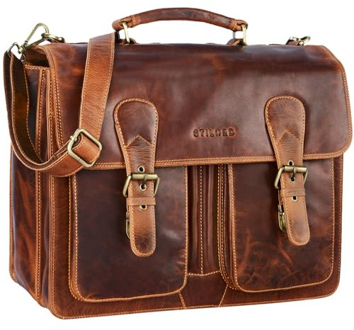 STILORD 'Karl' Aktentasche Herren Lehrertasche Bürotasche Laptoptasche Umhängetasche XL Businesstasche Vintage groß aus echtem Leder, Farbe:kara - cognac