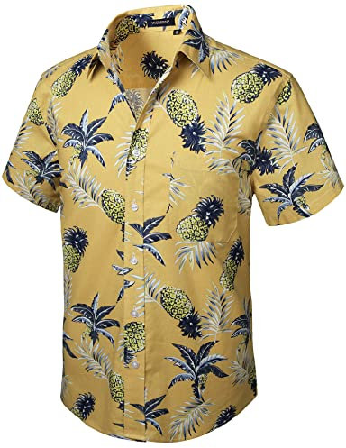 HISDERN Hommes Funky Hawaïenne Ananas Chemises A Manches Courtes Poche Avant Vacances Ete Aloha Imprimé Plage Casual Jaune Hawaii Chemise M Jaune-2
