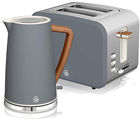 Swan Nordic Set Desayuno Hervidor de agua inalámbrico 1,7L 2200W, Tostadora Pan ranura ancha 2 rebanadas, 3 funciones, diseño moderno, efecto madera, gris