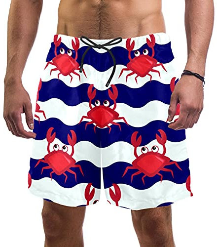 Abenily Herren-Badehose, Blau / Weiß, gestreift, rote Krabben, Badehose, Surf, Strand, mit elastischem Bund und 2 Taschen, mehrfarbig, XXL