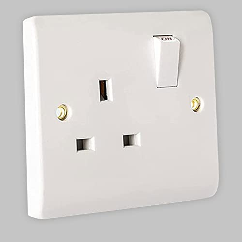 13A 1 Gang Single Pole Switch Socket - White Square Round Edge Electric Switched Socket - Single Pole Electrical Outlet with Concealing Screw Fixings Caps