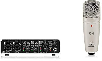 Behringer U-Phoria Umc204Hd Interface De Audio/Midi USB + C-1 Micrófono De Condensador (De Estudio, XLR, 100 Ω, 40 Hz - 20 Khz), Color Dorado