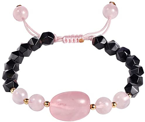 Jewboo Rose Quartz with Cutted Black Obsidian Crystal Bracelet for Women Beaded Bracelets Crystals and Healing Stones Adjustable (6-7)