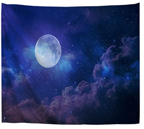 A.Monamour Wandteppiche Wanddekor Runder Vollmond In Blauen Himmelssternen Und Wolken Astrologie Stoff Wandtuch Wandbehang Wandkunst Wandbilder für Schlafzimmer Schlafsaal Wohnzimmer 130x153cm