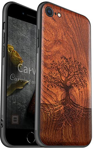 Carveit Handyhülle für iPhone SE 2022 Hull iPhone 8 Massivholz Cover [Holz und TPU Silikon Hybrid hülle] Stoßfeste Stoßstange Kompatibel mit iPhone SE 2020 Case（Rosig-Baum mit Wurzeln）