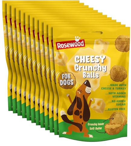 Rosewood Cheesy Crunchy Balls for Dogs - Gluten Free Dog Treats Made with Cheese and Turkey, Training Treats for Small, Medium, Large Dogs and Puppies (Case of 12 x 140g)