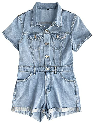 Womens Casual Loose Vintage Jeans Zipper Jumpsuit Pockets Jumpsuit Shorts Boiler Suit Women Light Blue