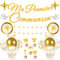 iZoeL Décoration Communion Première Garçon Fille - Ballon, Guirlande Étoile 4 m, Gâteau Décor Or - Baptême