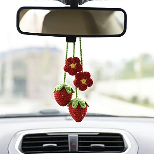 2 PCS Red Strawberry Car Interior Rear View Mirror Ornament Hanging Accessories, Knitted Fruit Interior Mirror Decorations, Handmade Aesthetic Decor Crochet Plant