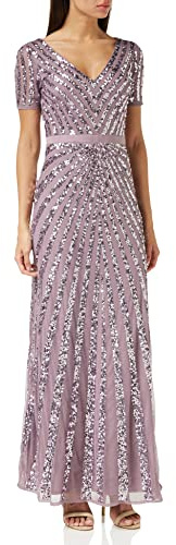 Maya Deluxe Damen Maxi Womens Ladies Embellished Sequin Dress Long Short Sleeve V Neck High Empire Waist A Cut Shiny Prom Wedding Brautjungfernkleid, Moody Lilac,