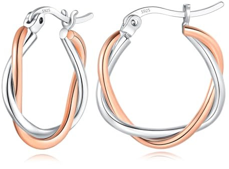 Sfoni Rose Gold Hoop Earrings for Women 925 Sterling Silver Hoop Earrings Sterling Silver Earrings Hypoallergenic Silver Earrings for Women Girls 20mm Twist Rose Gold Hoop Earrings Silver