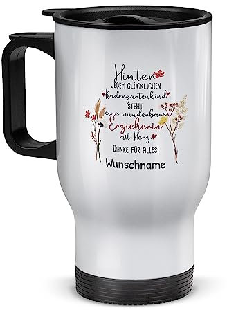 Tassendruck Edelstahl-Thermobecher selbst gestalten mit Name - Hinter jedem Kind Steht - Blumen - Geschenke für Erzieherin Abschiedsgeschenk, Coffee to Go Becher | Personalisiertes Geschenk, 390 ml