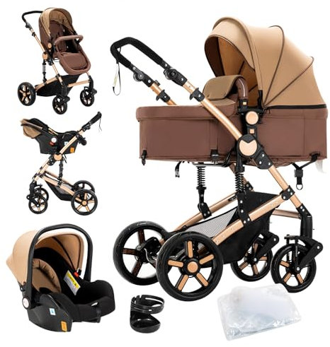 MoLi Kinderwagen 3 in 1, Kinderwagen mit Umkehrbarem Doppelschiebemodus, Buggy mit Großer Bequemer Babywanne, Kombikinderwagen 3 in 1 Rahmen Aluminiumlegierung Faltbar Hohe Landschaft (588 Tawny)