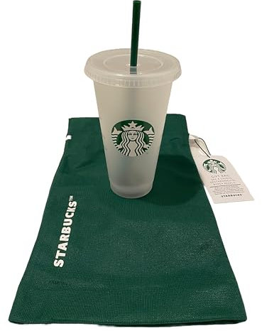 STARBUCKS Lot de 1 sac cadeau et tasse froide givrée réutilisable de 700 ml avec couvercle et paille verte avec bouchon
