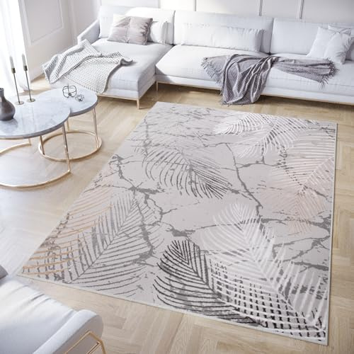 TAPISO Crystal Teppich Kurzflor Gold Grau Glänzend Blätter 140 x 200 cm | Floral Wohnzimmer Diamant Palmen 3D Effekt Modern Design Schlafzimmer OEKO-TEX