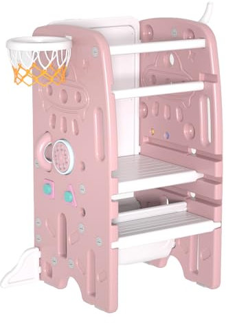 maualiyal Kinder Lernturm,Kinder Step Hocker, Montessor Lernturm für Baby, rutschfeste Schritte, mit Unterhaltungsfunktionen wie Malerei, Basketball oder Ringwerfen, Küche/Badezimmer Helfer (Rosa)