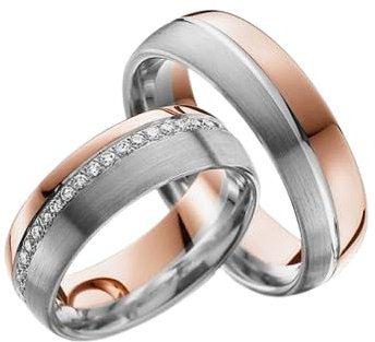 JC Trauringe Silber 925 Paarpreis Eheringe Rotgold Weißgold Plattiert 6,50 mm breit I Partnerringe mit Gravur in edler Schatulle I 2 Hochzeitsringe Herrenring & Damenring mit Steinen LC104-P
