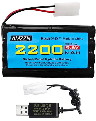 AMZZN 9.6V 2200mAh AA NiMH Battery with Tamiya Plug and USB Charging Cable for RC Toy Cars, Trucks, Tanks, Engineering Vehicles, RC Ships, Rechargeable Battery Accessories