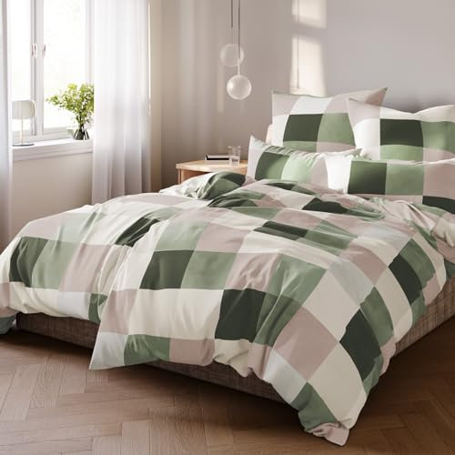 Pure Label Karierte Bettwäsche 155x220 cm mit einem Kissenbezug 80x80 cm - Traumhaft weiches Bettwäsche-Sets 155 x 220 cm in grün aus 100% Baumwolle mit YKK Reißverschluss