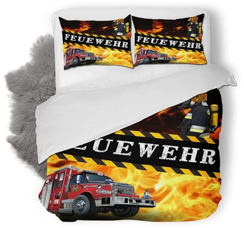 3D Feuer Engine Muster Bettwäsche 155x220 cm Weich Mikrofaser Feuerwehr Bettwäsche-Sets mit Reißverschluss 3 Teilig Bettbezug Set mit Kissenbezug 80x80 cm
