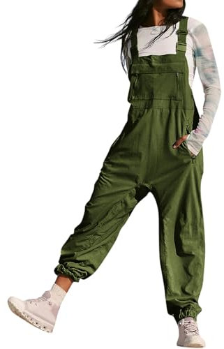 BRONG Donna Salopette Gamba Larga Tuta Regolabile Cinghie Regolabili Pantaloni Tasca con Zip Salopette Vestibilità Ampia a Sacchetto Lunga Tuta Verde S