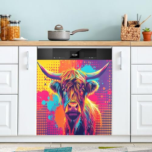 Abstrakte Pop-Art-Highland-Kuh-Magnet-Geschirrspüler-Abdeckung, Küchendekoration, dekorativer magnetischer Kühlschrank-Panel-Aufkleber, Kühlschranktür-Abdeckung, Aufkleber, 58,4 x 66 cm